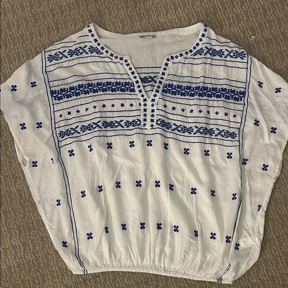 Lucky Brand White and Blue Embroidered Blouse
